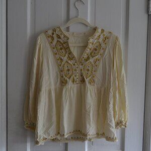 Solitaire Long Sleeve White and Yellow Embroidered Peplum Top Blouse